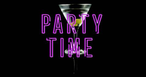 Neon Party Time Text Over Martini Glass Celebratory Design