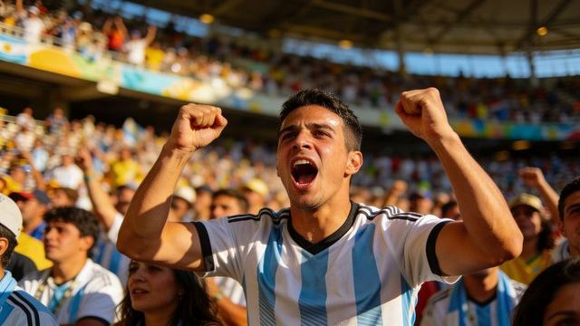 Argentinian soccer fan cheering, fists raised, stadium crowd celebrating victory