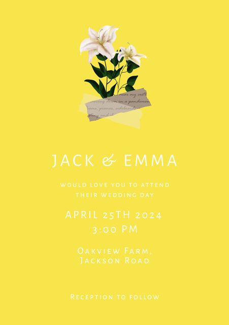This elegant wedding invitation features the names 'Jack & Emma' and beautiful lilies against a soft yellow background. Ideal for creating personalized wedding invites, engagement announcements, or save the date cards. The template combines a sophisticated floral design with romantic typography, perfect for a spring or summer wedding.