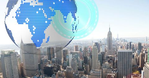 Digital Globe with Overlay on Urban Skyline - Download Free Stock Images Pikwizard.com