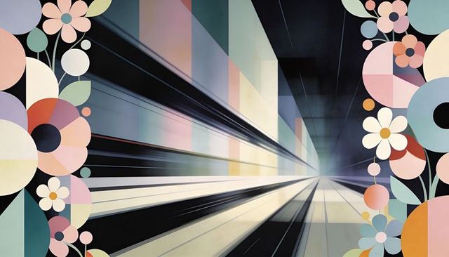 Leading geometric tunnel drawing eye to bright vanishing point, framing pastel floral border
