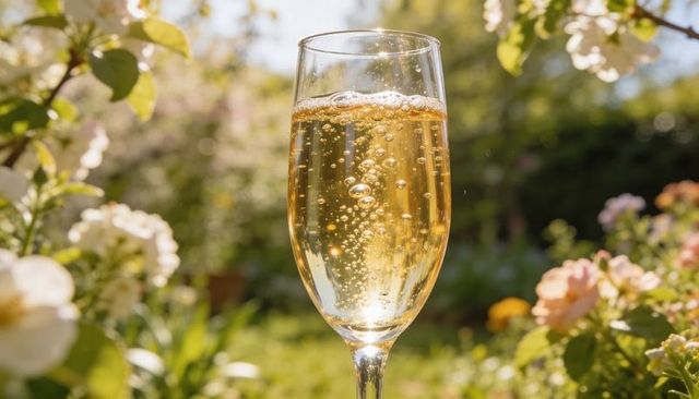 Sunlit champagne flute sparkling with golden bubbles amid garden blossom bokeh