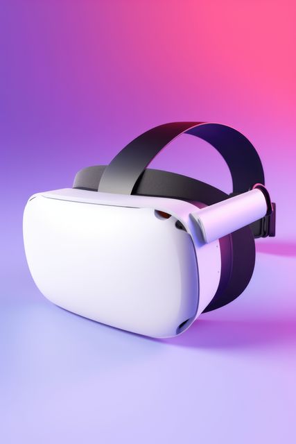 A virtual reality headset placed against a vibrant purple and pink gradient background. Ideal for illustrating articles or marketing materials focused on gaming technology, innovative electronics, or future trends in tech. Suitable for use in blogs, advertisements, or presentations about virtual experiences and immersive technology.