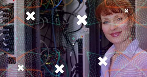 Smiling technician overseeing modern server room with digital illustrations