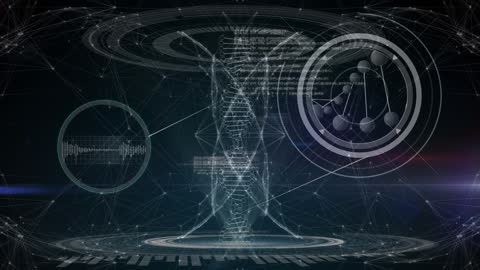 Digital DNA Strand with Scientific Connections on Black Background