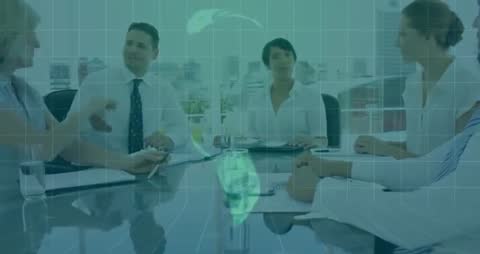 Business Team Discussing Innovation with Digital Globe Projection