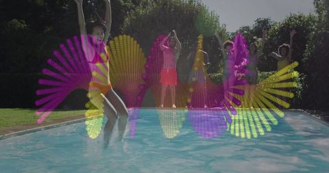 Group of Friends Jumping into Pool with Vibrant Graphic Overlay