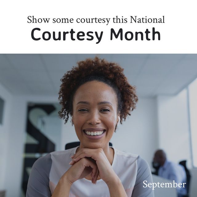 Portrait of cheerful african american young woman, show courtesy this national courtesy month text. Copy space, digital composite, celebration, courtesy month, being kind and courteous concept.