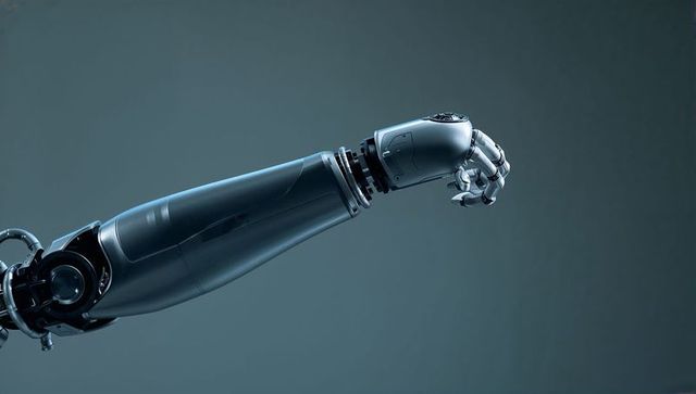 Robotic prosthetic arm extending, articulated wrist and exposed actuator, sleek bionic limb