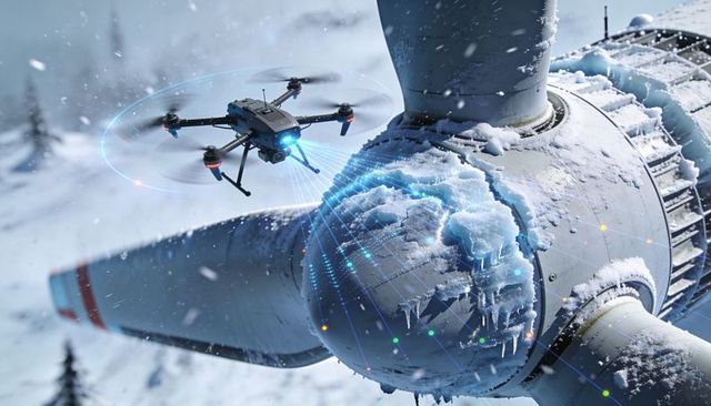 Autonomous drone inspecting frozen wind turbine hub with holographic scan over snowy mountains