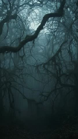Moonlit Mist Forest with Tangled Vines and Gnarled Branches — Vertical Atmospheric Footage