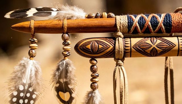 Handcrafted carved wood shafts with beads and feathers, closeup of timber pendant detail