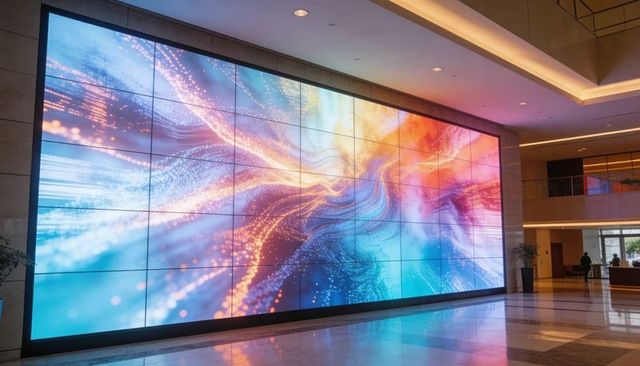 Vivid Multi-Panel LED Wall Showing Flowing Digital Light Waves in Modern Corporate Lobby