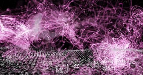 Purple-Pink Light Trails in Digital Cyberspace with White Code