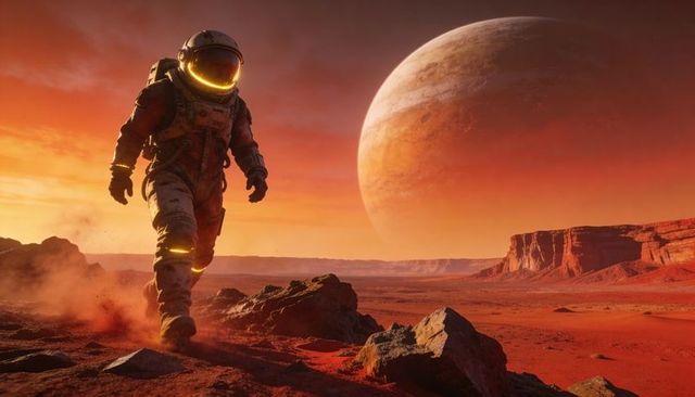 Astronaut walking on red desert planet with glowing visor and massive gas giant epic scifi