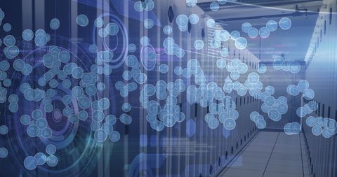 Digital interface icons with modern server room background