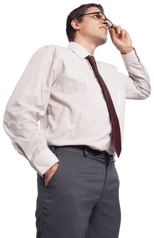 Transparent Businessman Deep in Thought Adjusting Glasses