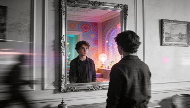 Teen boy studying reflection in ornate mirror with vibrant parlor background
