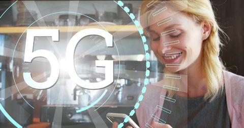 Smiling Woman Using Smartphone with 5G Technology Overlay