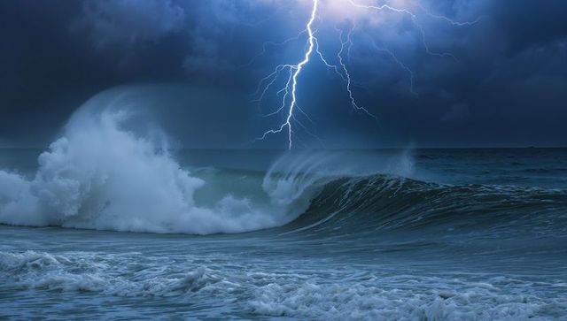 Dramatic Lightning Strike Over Ocean at Night