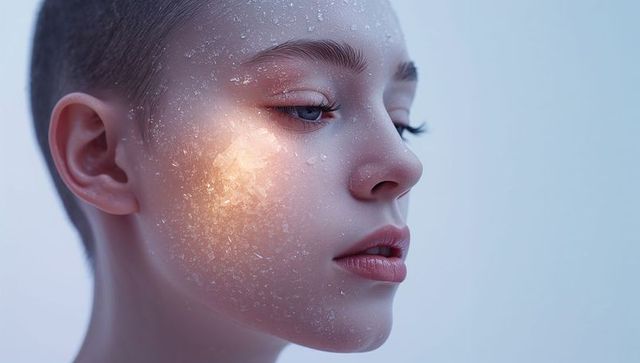 Shaved-head teen reflecting cool light with crystal droplets, warm cheek glow profile