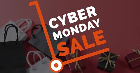Cyber Monday Sale Banner with Gift Boxes and Shopping Bags