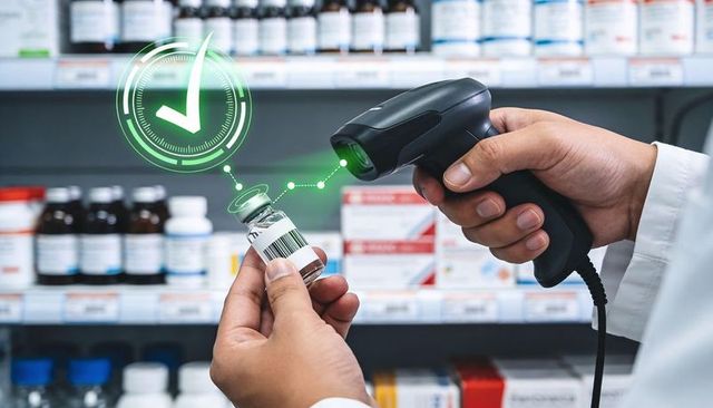 Pharmacist scanning vaccine vial barcode for verification with digital checkmark overlay