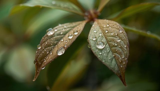 Overlapping leaves glittering with dew droplets, macro soft bokeh garden backdrop