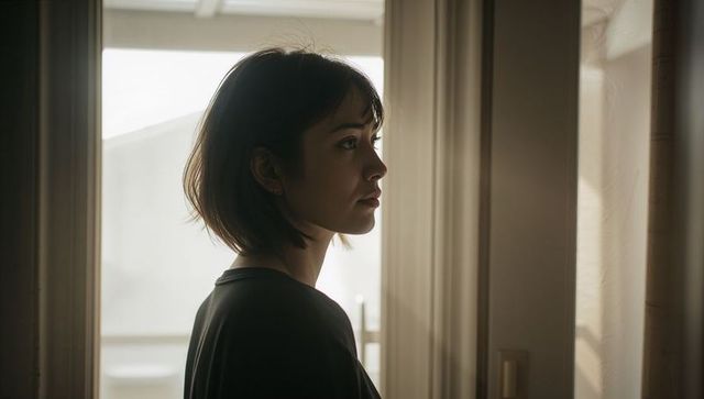 Backlit asian woman gazing through balcony door with bob haircut, contemplative profile