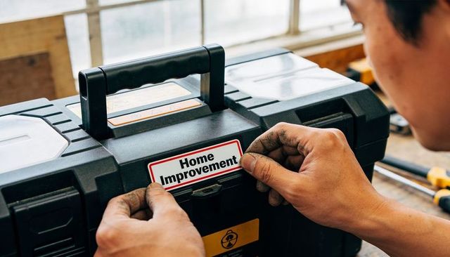 Applying home improvement label to toolbox, organizing tools for handyman workshop