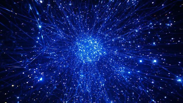 Blue neural network burst with glowing nodes and filaments, futuristic digital data