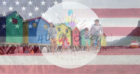 Family Celebrates Fourth of July at Beach with Flag Overlay