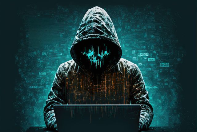 Person in a hoodie working on a laptop portraying concept of cyber hacking and data security. Useful for illustrating stories about hacking, cybercrimes, cybersecurity, programming, and internet safety in articles, marketing materials, and educational resources.