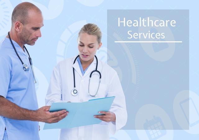 Two healthcare professionals, wearing lab coats and scrubs, reviewing a medical report with serious expressions. This stock image is ideal for use in medical, healthcare, and consulting contexts and promotional materials for healthcare services, hospitals, clinics, and healthcare institutions.