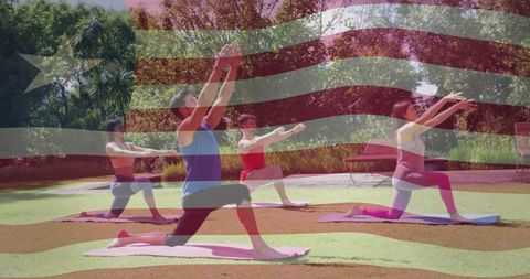 Group Yoga Meditation Outdoor with American Flag Overlay