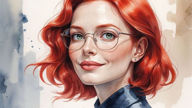 Red-Haired Woman Wearing Round Glasses on Watercolor Backdrop