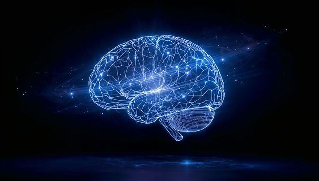 Glowing Neon Wireframe Brain Floating Over Reflective Pool With Streaking Light Nodes