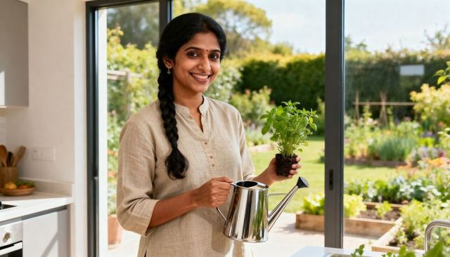Smiling indian woman tending herb plant with watering can in bright modern kitchen