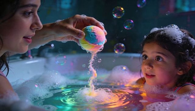Mother and child watching rainbow bath bomb fizzing in bubble-filled tub with glowing colors