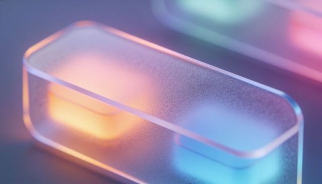 Frosted translucent capsule diffusing neon orange and blue light on glossy surface