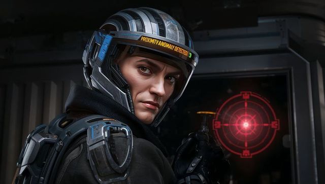 Armored woman scanning red holographic reticle inside spacecraft helmet display warning