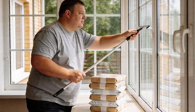 Midlife man cleaning sunroom window with squeegee beside stacked parcels and bright natural light