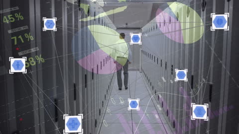 Engineer in a Server Room with Digital Interface Overlay