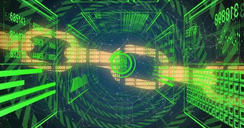 Pulsing Reticle Drawing Depth in Neon Wireframe Tunnel With Scrolling Data Streams