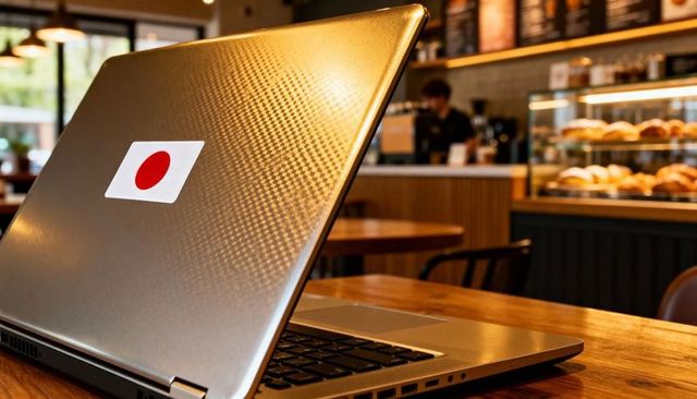 Silver laptop featuring red circle sticker on cafe table with pastries and barista