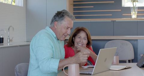 Senior Couple Joyfully Using Laptop in Modern Home