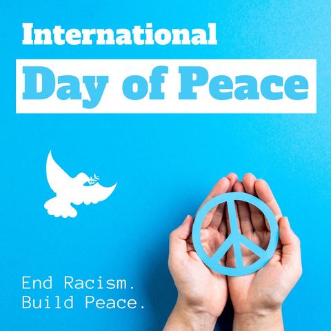 International Day of Peace with Dove and Peace Symbol on Blue Background - Download Free Stock Templates Pikwizard.com