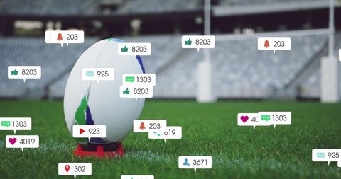 Rugby Ball on Stand in Stadium With Social Media Icons