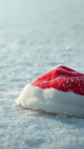 Vertical video of falling snow dusting red Santa hat on snowy ground with copy space