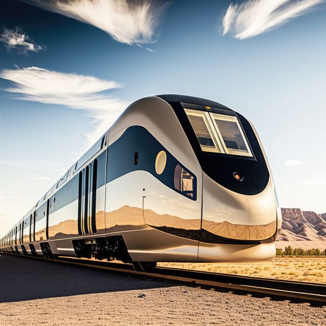 Image of modern train on tracks over mountains and blue sky, created using generative ai technology - Download Free Stock Photos Pikwizard.com